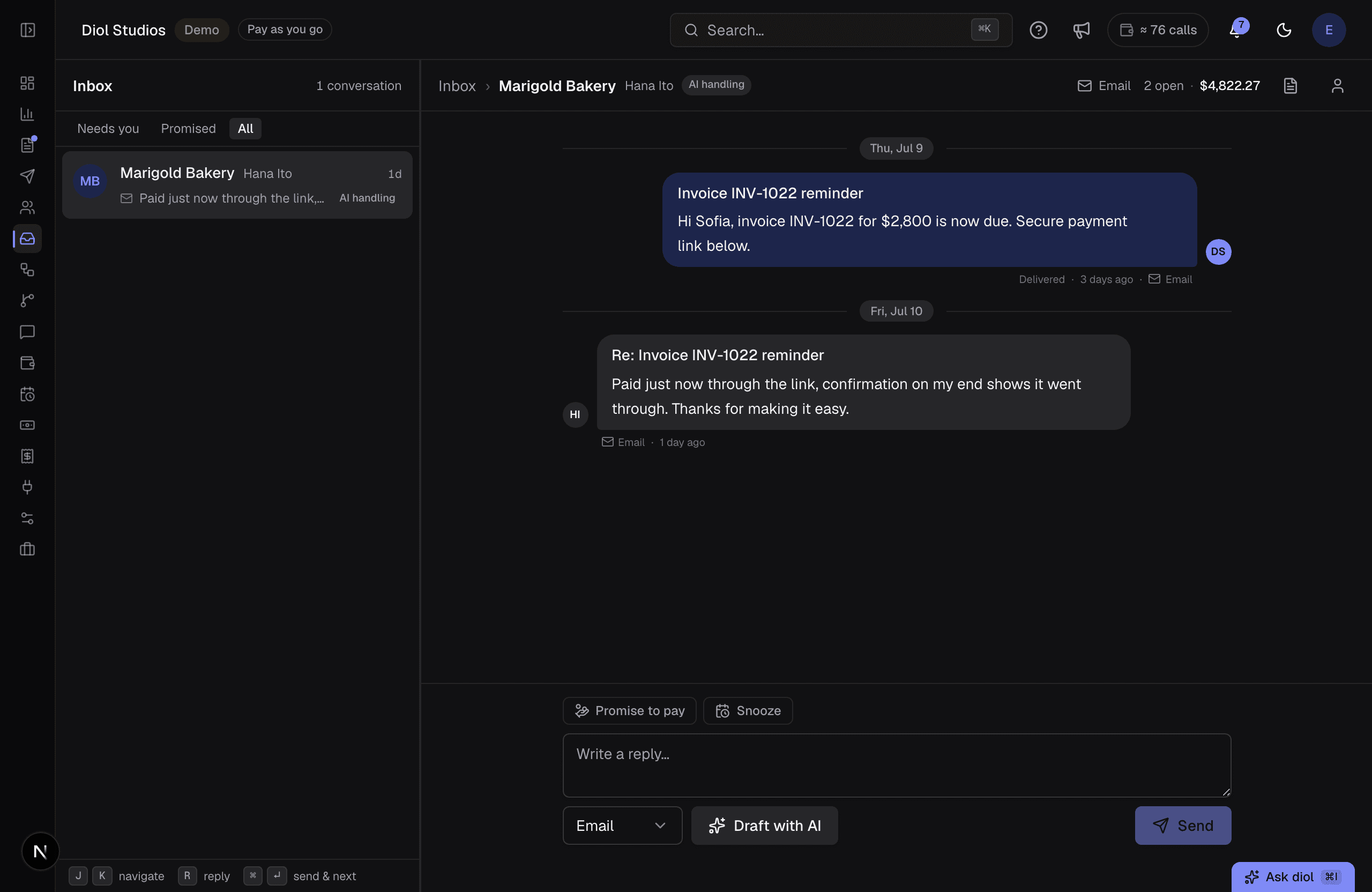 The diol inbox: a list of customer conversations with settled status chips, an open email thread where a customer promises to pay, and a Draft with AI reply box