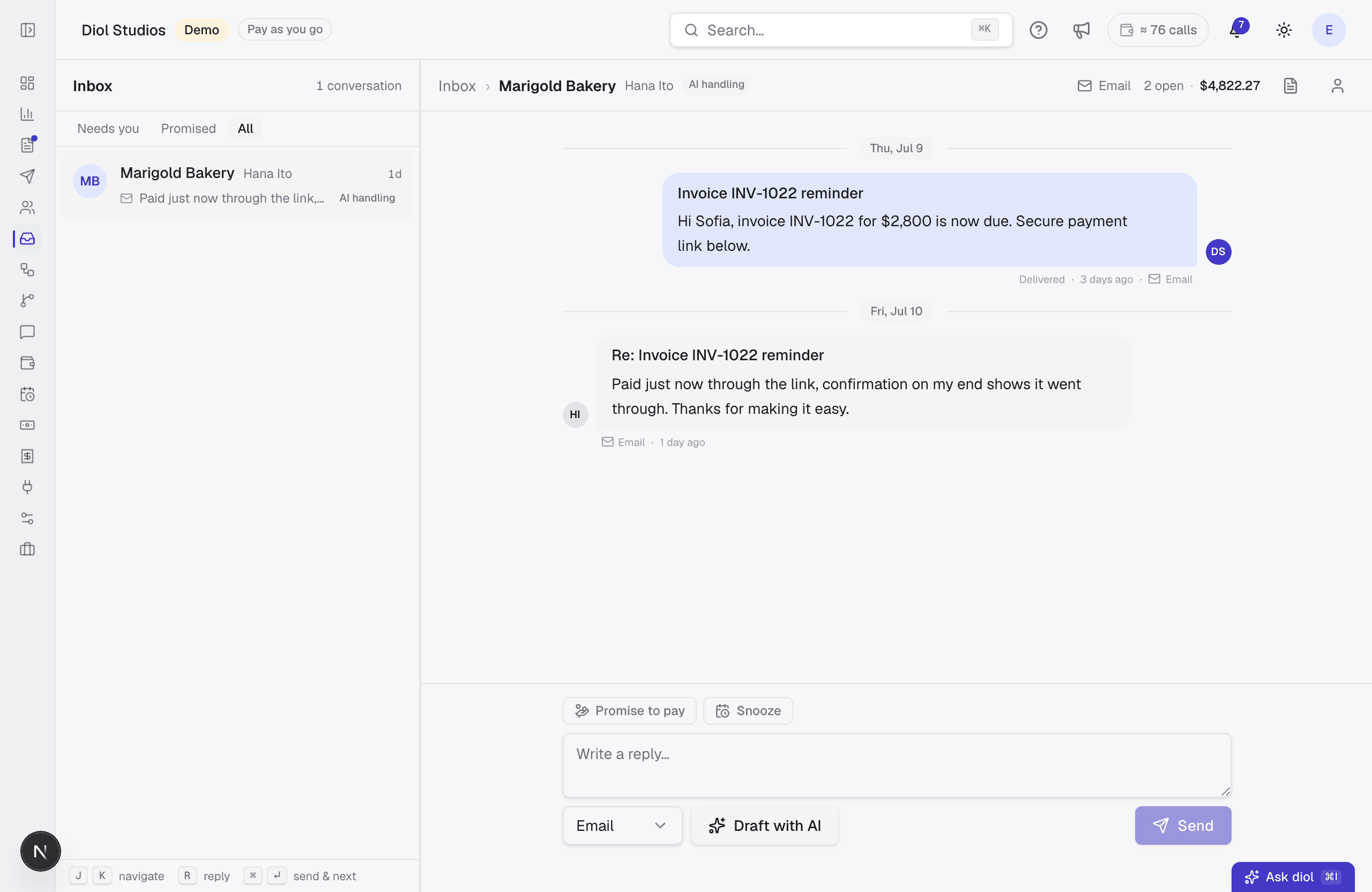 The diol inbox: a list of customer conversations with settled status chips, an open email thread where a customer promises to pay, and a Draft with AI reply box