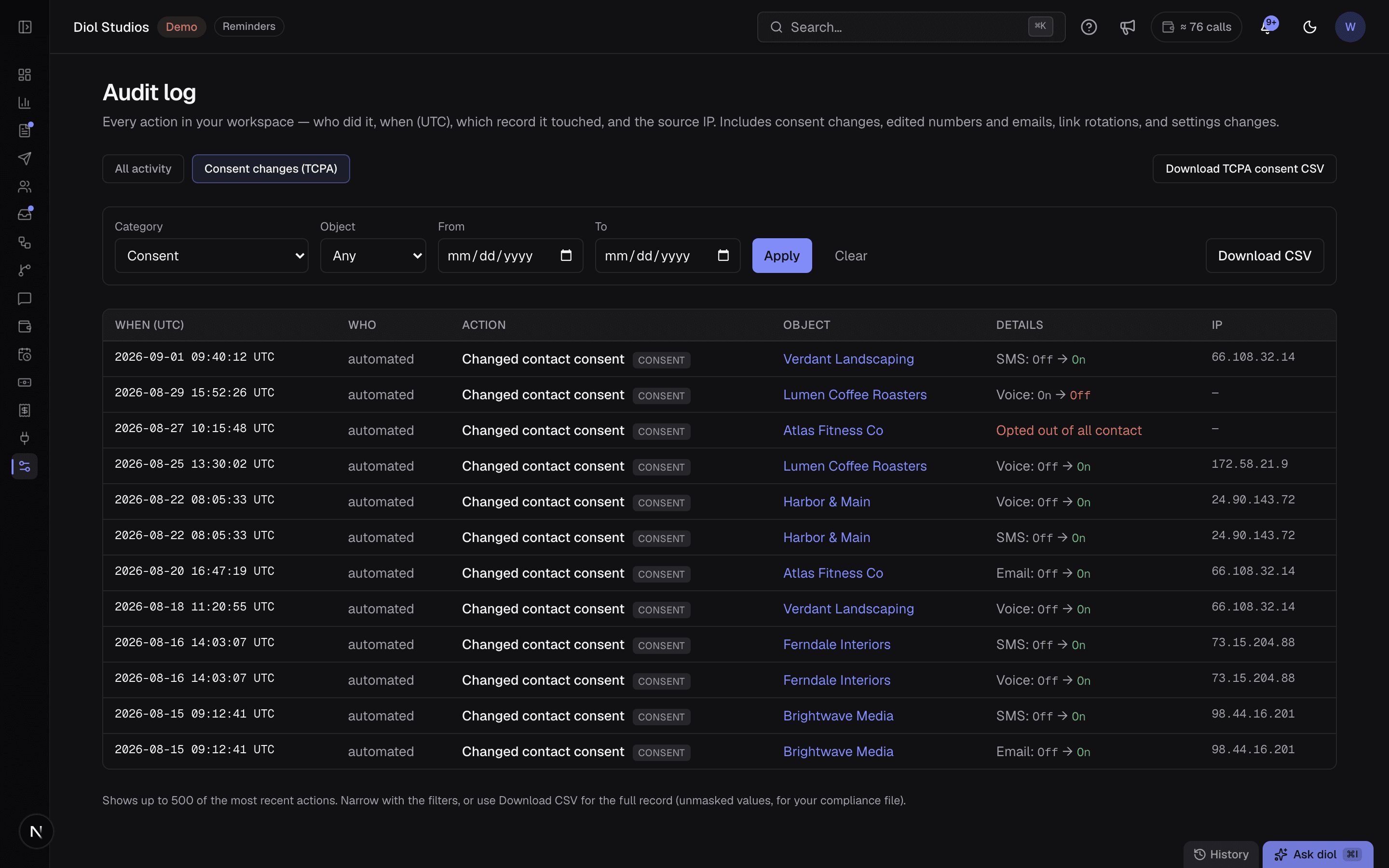 The diol consent log: a dated, per-customer record of every consent change across email, text and voice, each showing off to on or on to off, an honored opt-out, and the source IP, exportable as a TCPA compliance CSV