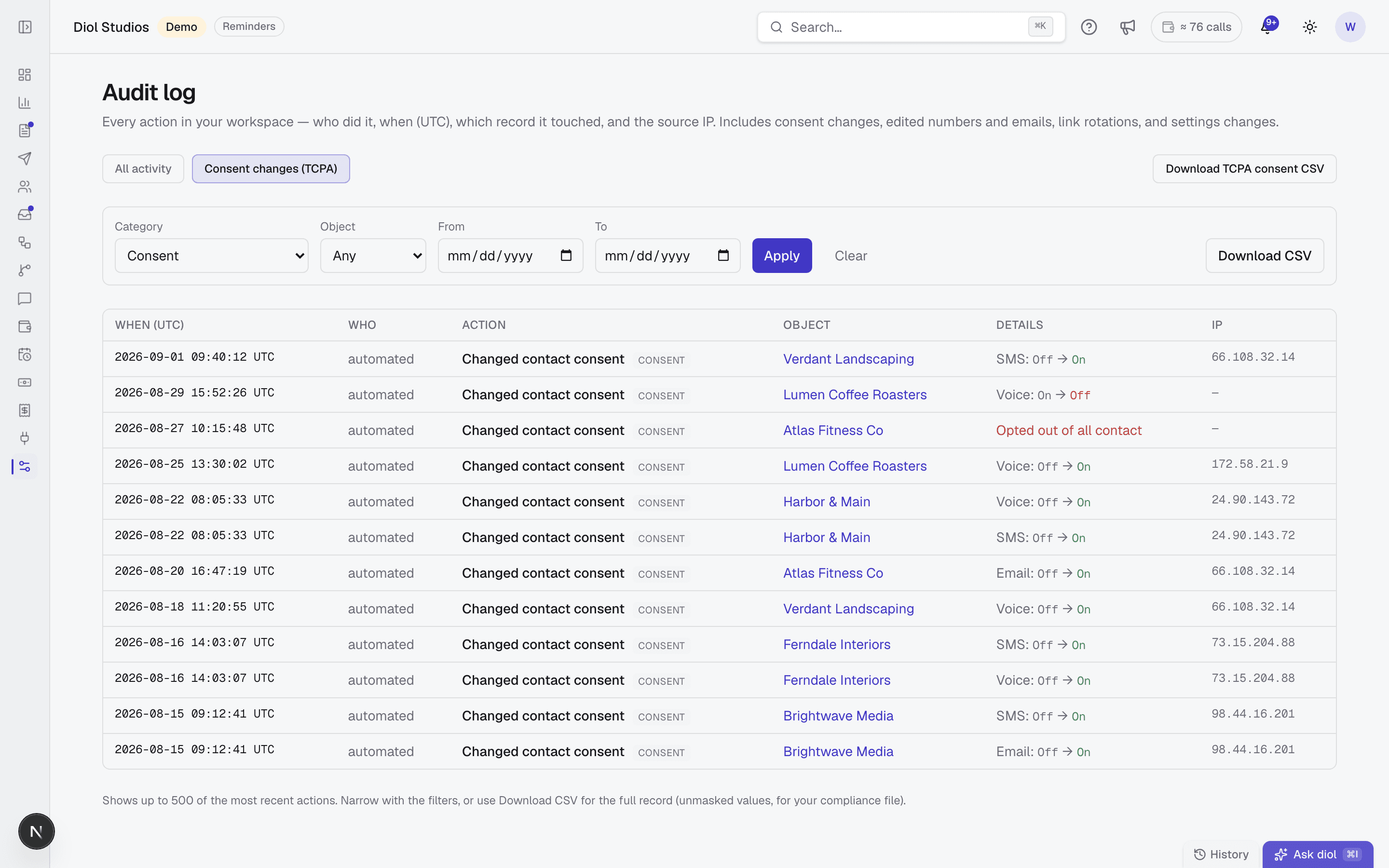 The diol consent log: a dated, per-customer record of every consent change across email, text and voice, each showing off to on or on to off, an honored opt-out, and the source IP, exportable as a TCPA compliance CSV