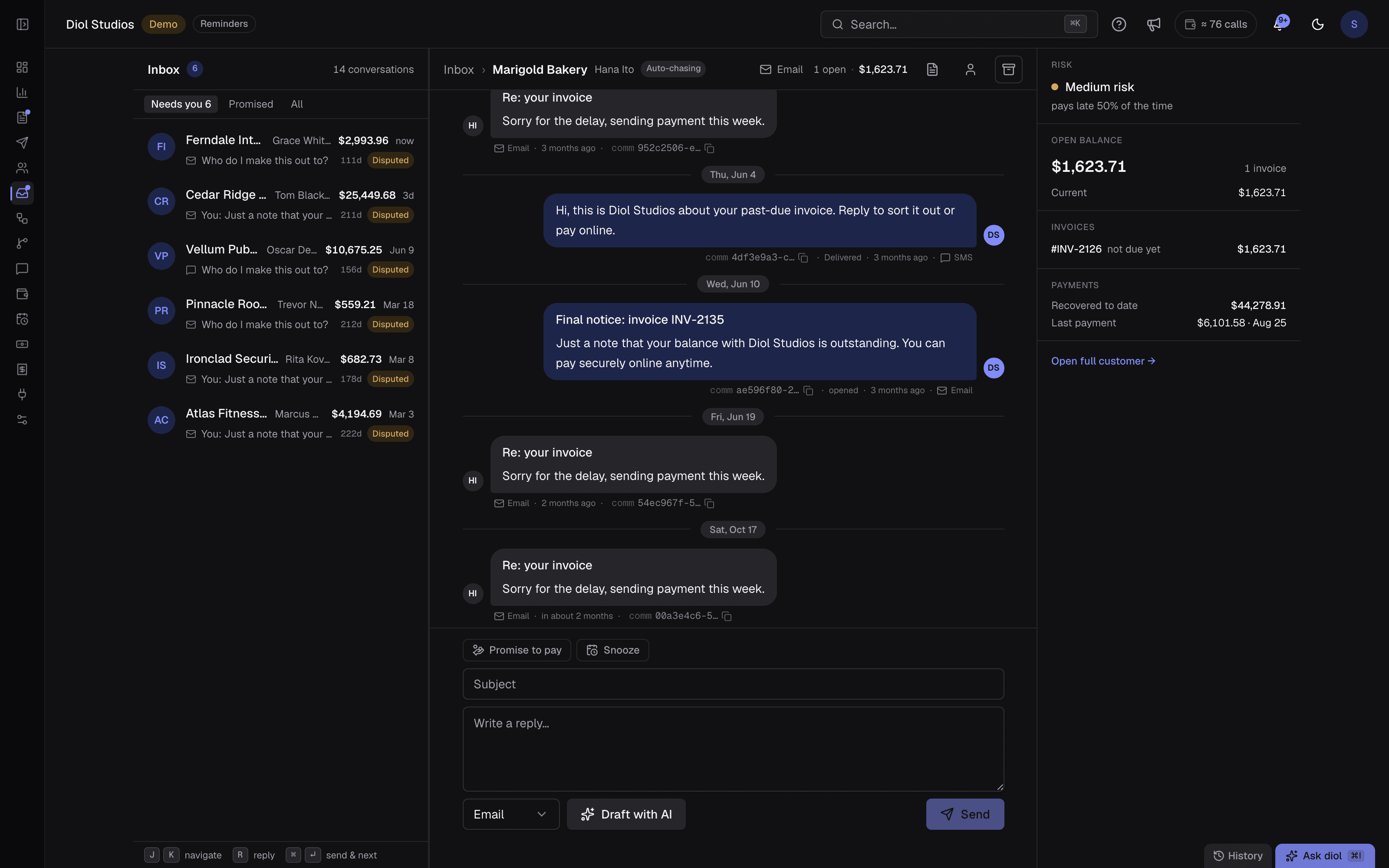 The diol shared inbox: a customer thread with the balance and risk beside it, and an AI-drafted reply waiting for approval