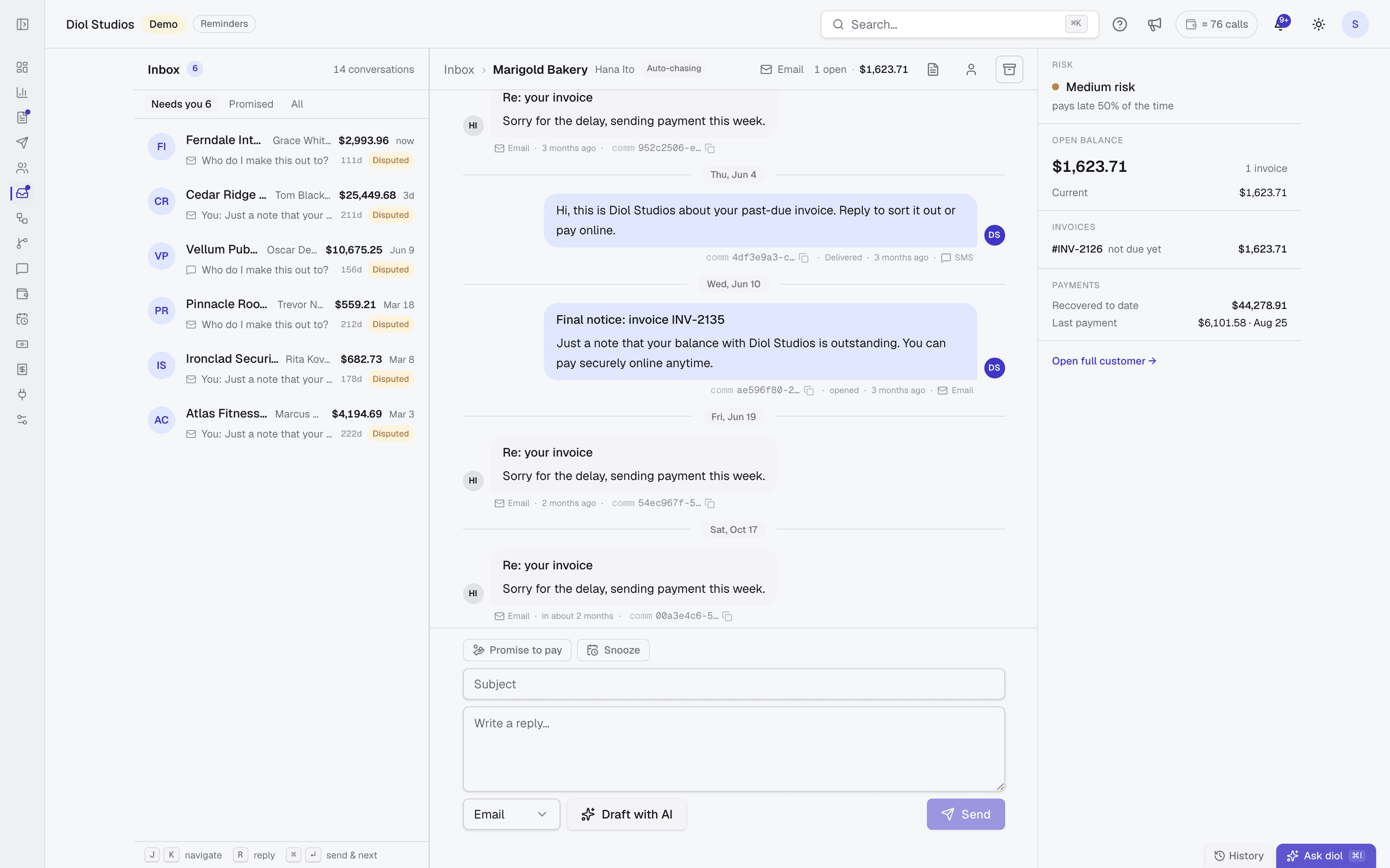 The diol shared inbox: a customer thread with the balance and risk beside it, and an AI-drafted reply waiting for approval