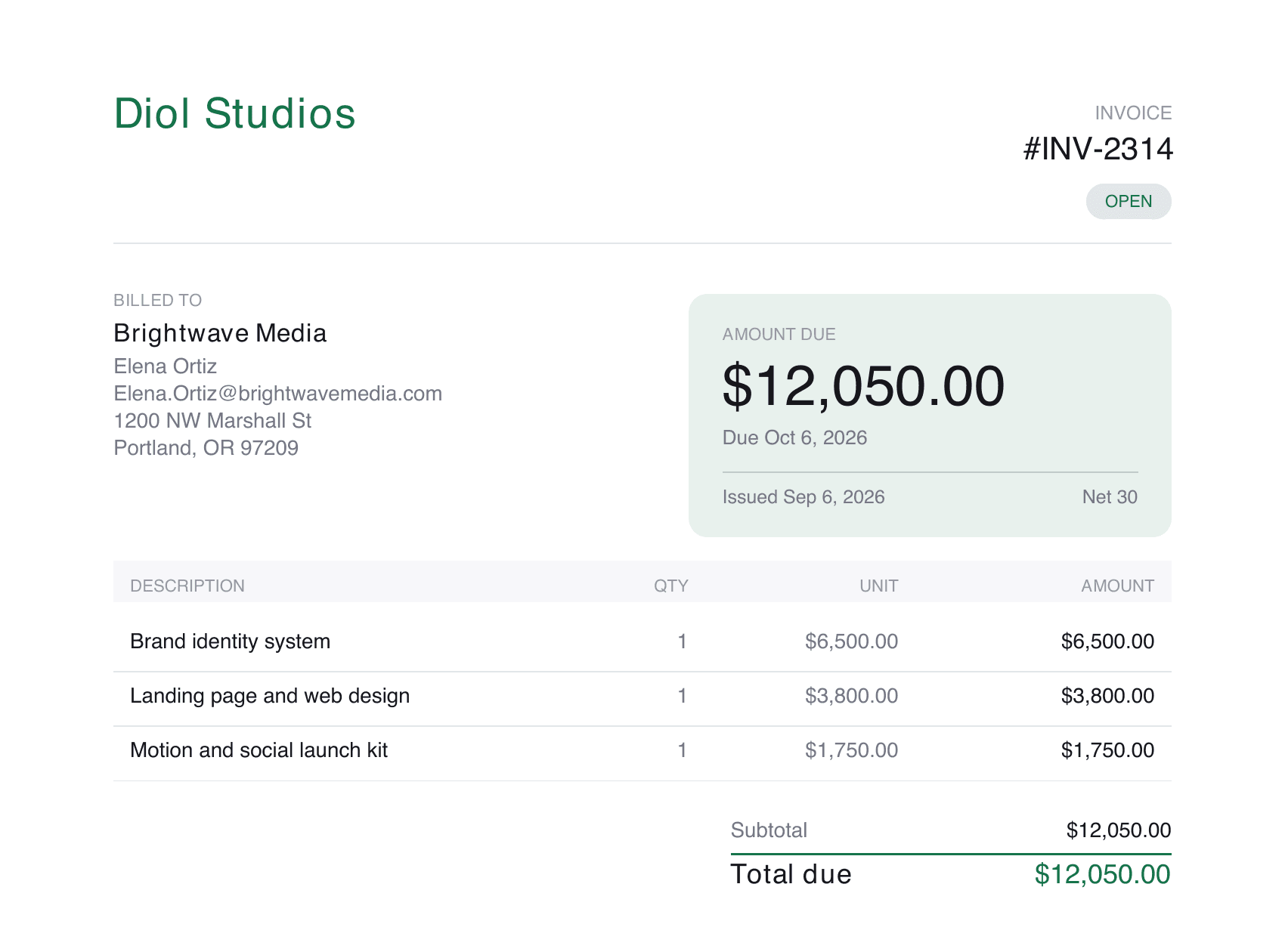 A finished invoice from diol, in the studio's brand, billed to the customer.