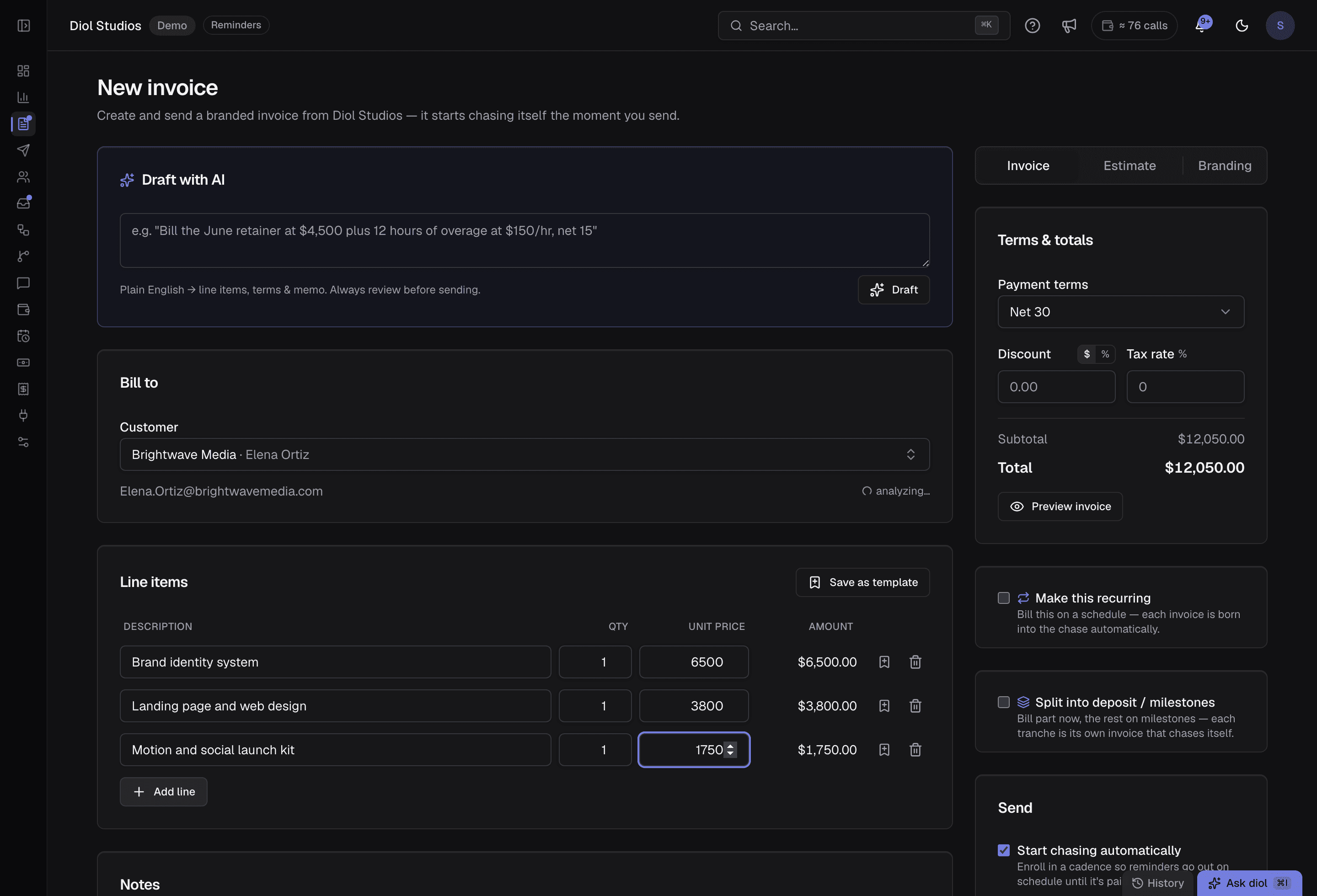 The diol invoice maker: line items, customer, terms, and a live total.