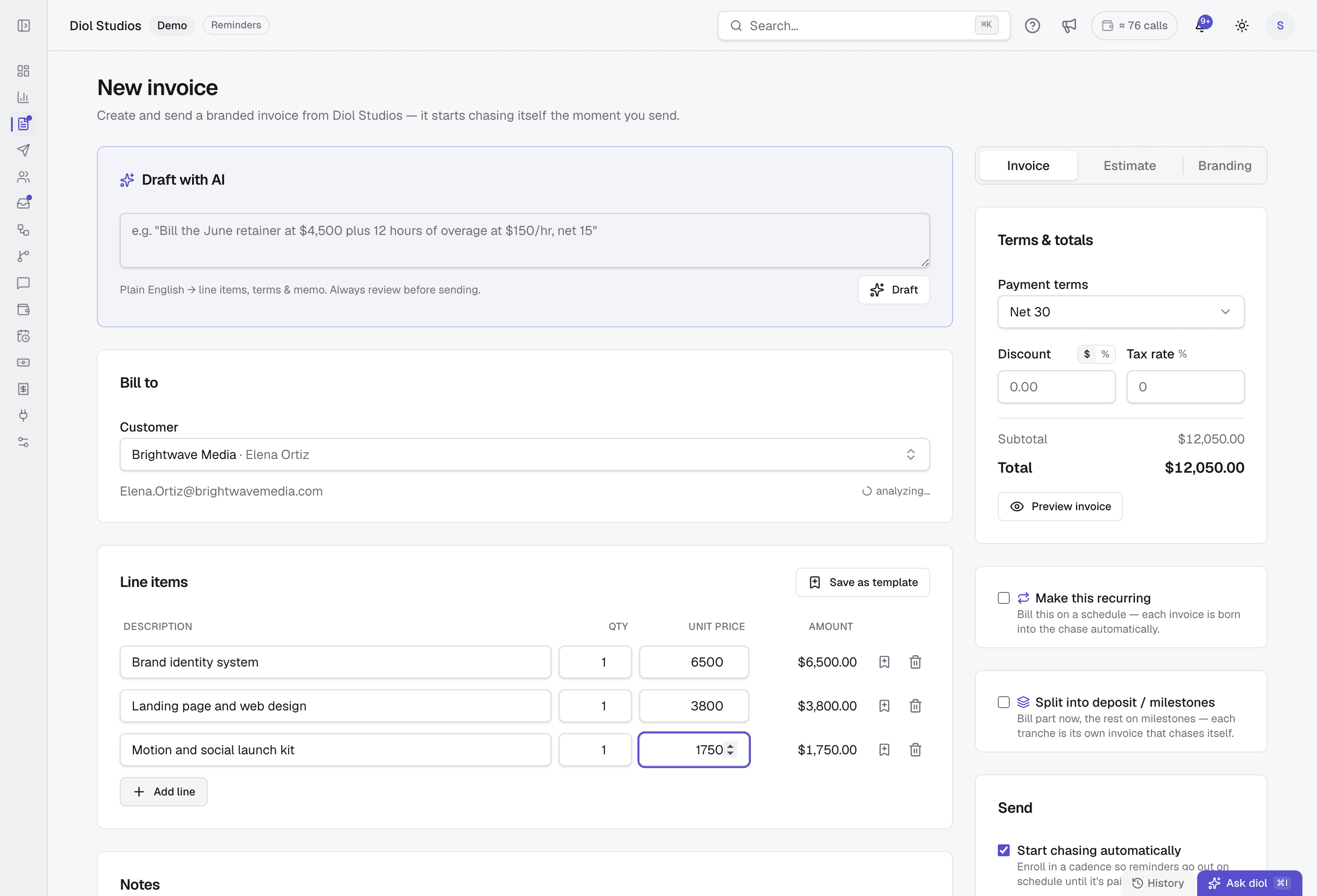 The diol invoice maker: line items, customer, terms, and a live total.