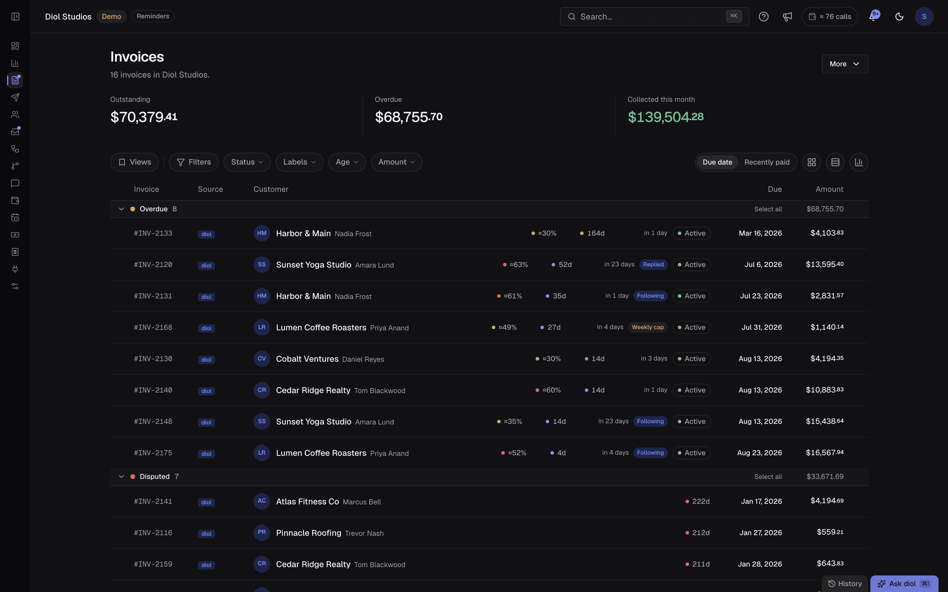 The diol invoices view: your receivables book, created in diol or synced from QuickBooks and Xero, with status and amounts