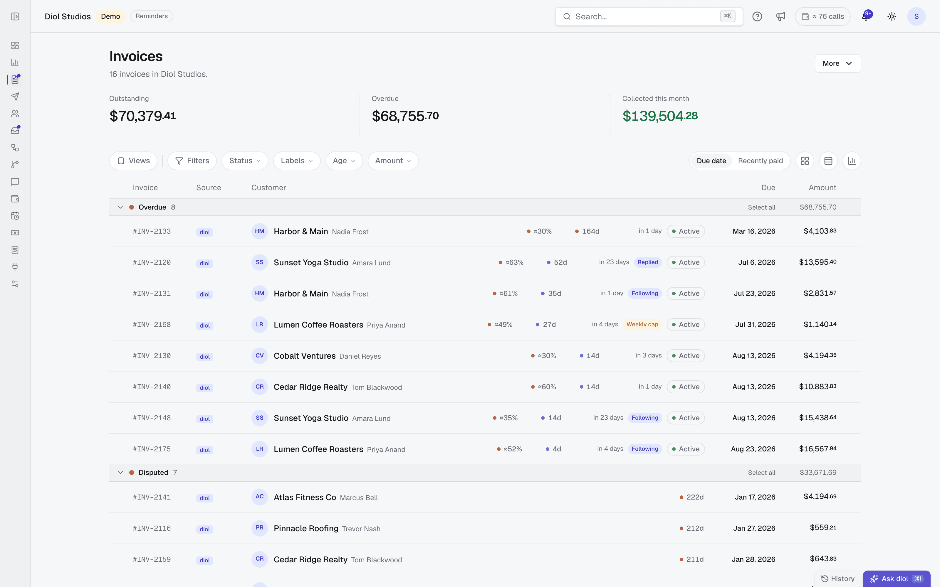 The diol invoices view: your receivables book, created in diol or synced from QuickBooks and Xero, with status and amounts