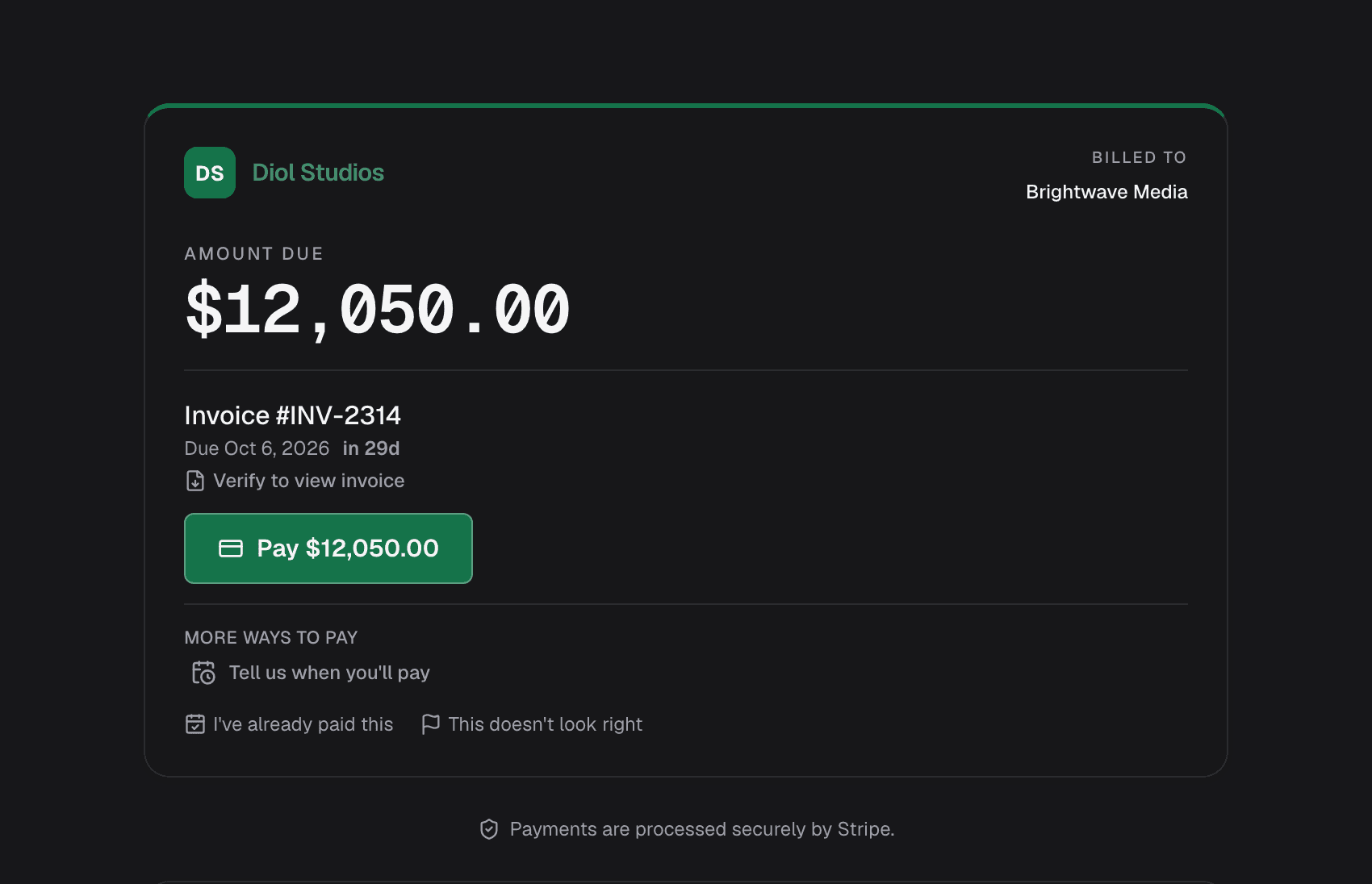 The diol pay portal in the studio's brand, with the amount due and a Pay button.