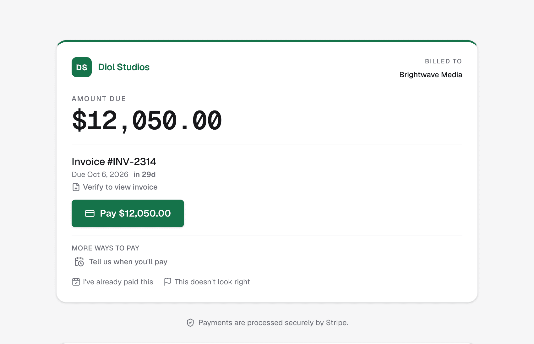 The diol pay portal in the studio's brand, with the amount due and a Pay button.
